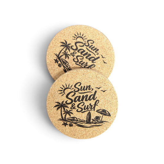 Beach Vibes Engraved Cork Coasters – Set of 4