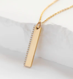 18K Gold or Rose Gold PVD Vertical CZ Engravable Bar Pendant