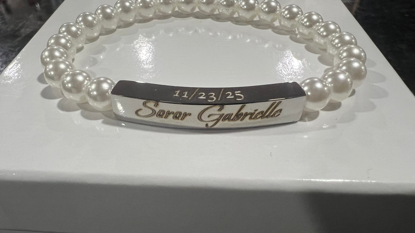 18K Gold Pearl Engravable Bar Bracelet
