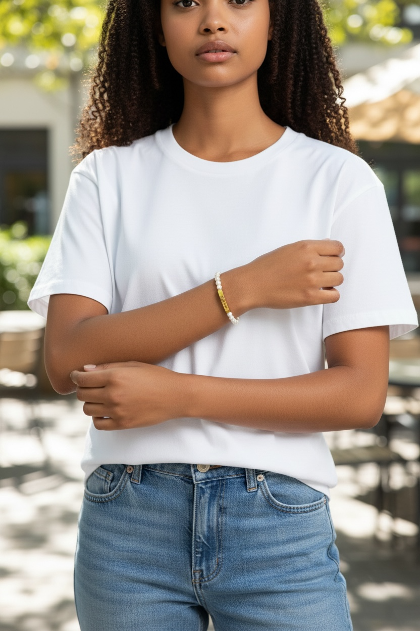 18K Gold Pearl Engravable Bar Bracelet