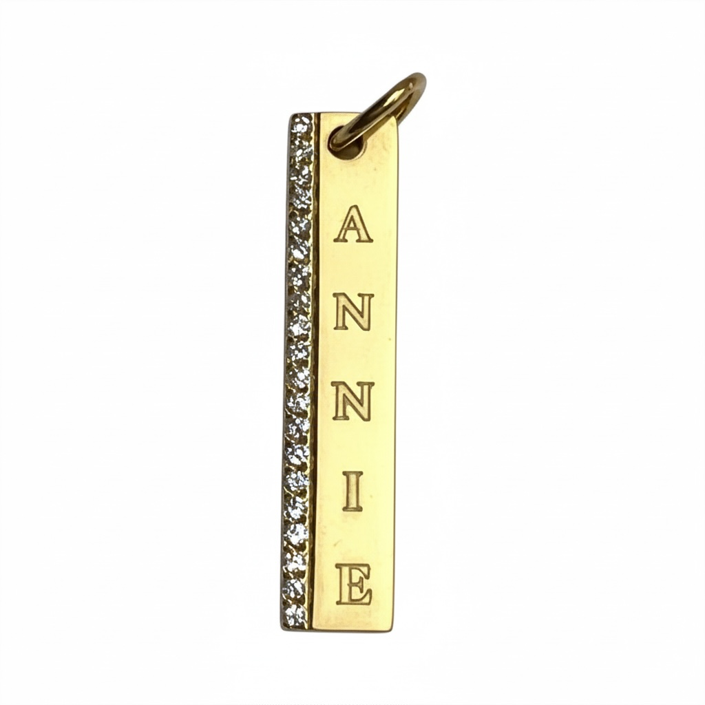 18K Gold or Rose Gold PVD Vertical CZ Engravable Bar Pendant