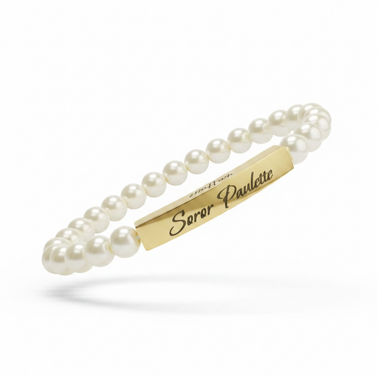 18K Gold Pearl Engravable Bar Bracelet